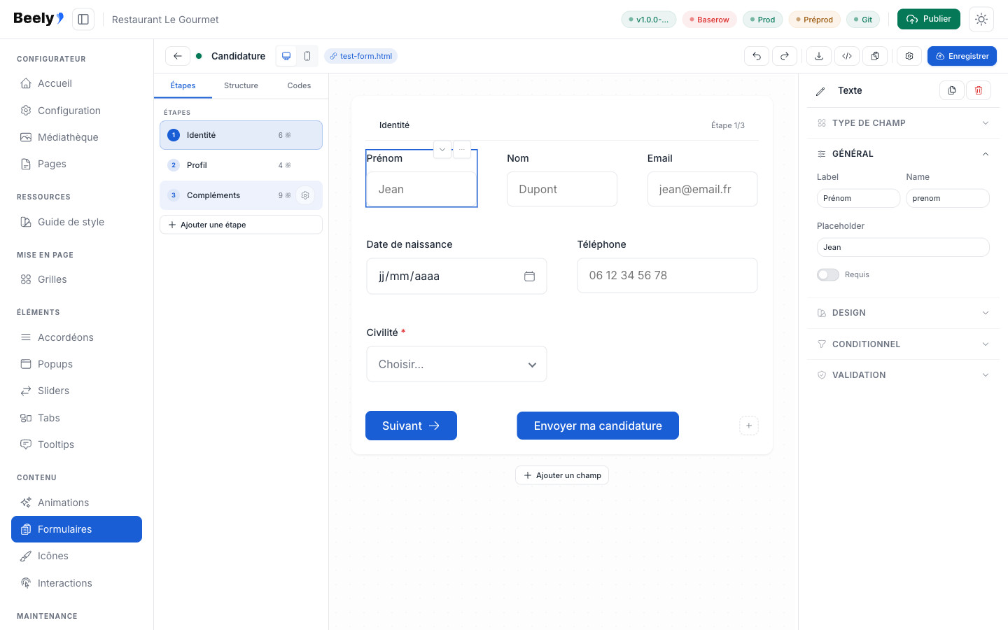 Configuration d'un champ — label, name, placeholder, validation