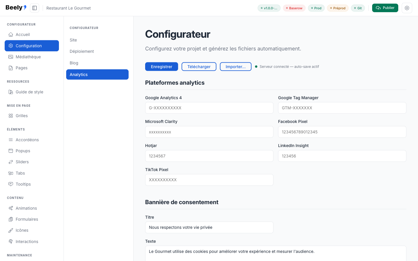 Configuration des cookies et analytics