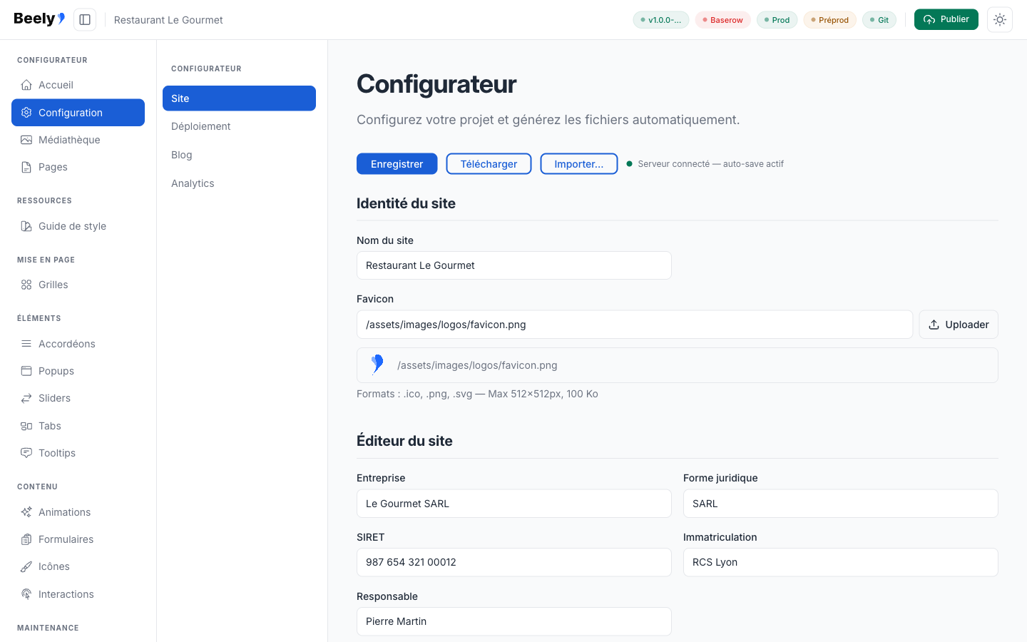 Configuration du site — identité et favicon