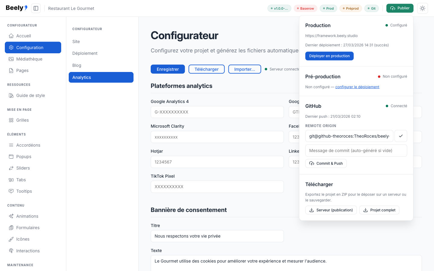 Panel de publication — Production, GitHub et téléchargement