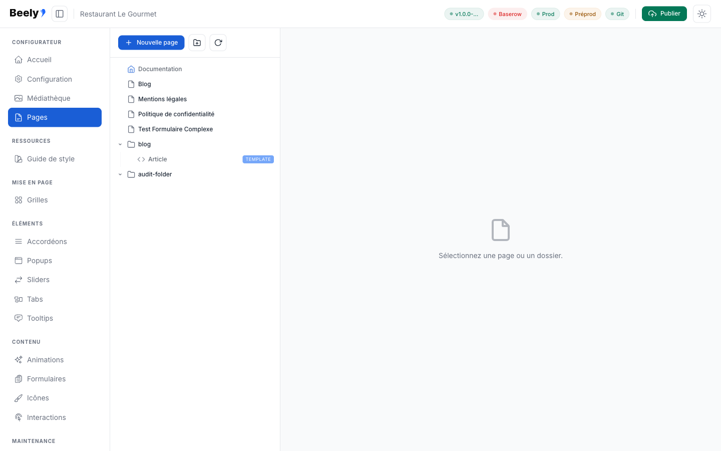 Gestionnaire de pages — arborescence et aperçu